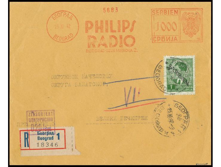 1941, Freimarke 1 Din. in Mischfrankatur mit Absender-Freistempel der Fa. Phillips-Radio auf R-Brief von "BEOGRAD 25.11.42" m