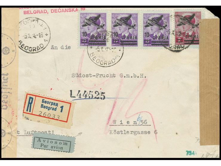 10 Din. violett im waagerechten 3er-Streifen und 2 Din. auf R-Luftpostbrief von "BEOGRAD 5.10.42" mit OKW-Zensur nach Wien, U
