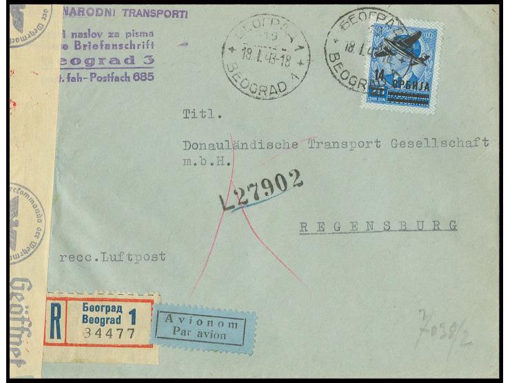 14 Din. als Einzelfrankatur auf R-Luftpost-Firmenbedarfsbrief von "BEOGRAD 18.1.43" mit OKW-Zensur nach Regensburg mit Ankunf