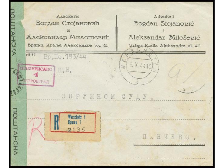 Klöster 3 Din. und 1 Din. rückseitig auf R-Brief von "WERSCHETZ 9.10.44" als "Überroller" mit Partisanen-Zensur (Censuricano 