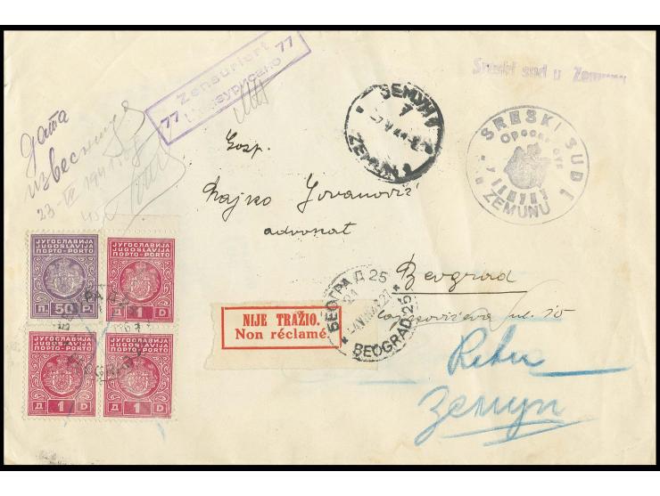1941, Jugoslawien 50 Pa. und 1 Din. (3) auf portopflichtigem Dienstbrief von "ZEMUN 7.5.41 mit Zensur-Ra2 nach Beograd mit An