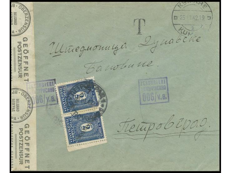 2 Din., 2 Stück mit Stempel "PETROVGRAD 27.3.42" auf unfrankiertem Brief von "KUMANE  25.3.42" mit Zensur-Ra3 und Verschlussz