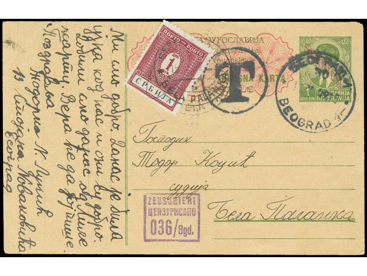 1942, 1 Din. mit Stempel "BELE PALANKA 15.5.42" auf unterfrankierter Aufdruck-GSK 1 Din von "BEORGRAD 11.5." mit Zensur-Ra3 u