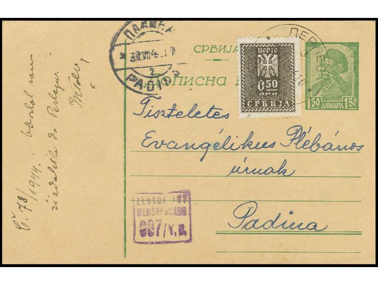 1943, 0,50 Din. als Freimarke verwendet auf Ganzsache 1,50 Din. von "PERLEZ 11.7.41" mit Zensur nach Padina, reiner Bedarf