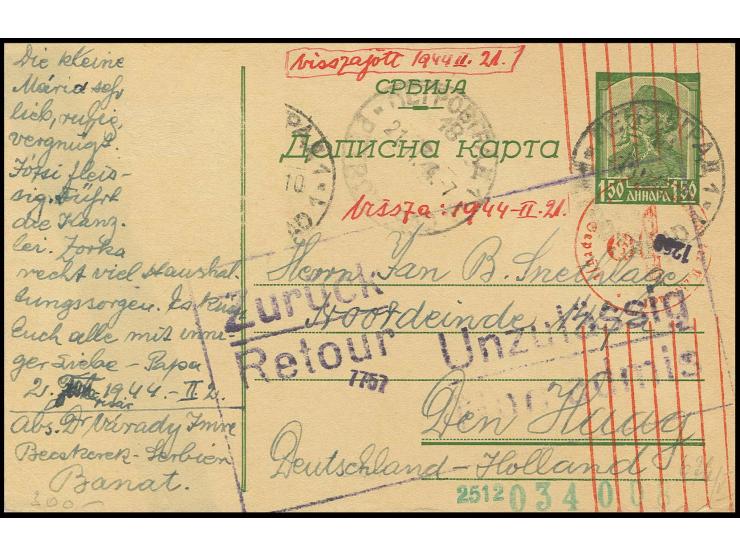 1943, Karte 1,50 Din. mit entfernter Zusatzfrankatur als versuchte Auslandskarte vom 21.2.44 nach Den Haag mit OKW-Zensur und