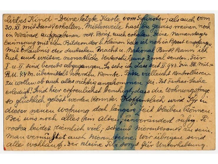 1943, Karte 1,50 Din. mit entfernter Zusatzfrankatur als versuchte Auslandskarte vom 21.2.44 nach Den Haag mit OKW-Zensur und