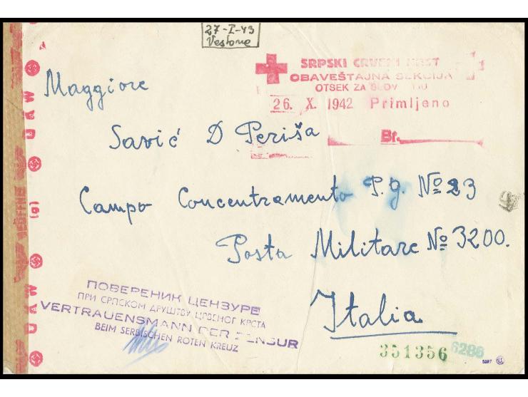 DIVERSES: 1942, zweisprachiger violetter Zensur-L4 "....VERTRAUENSMANN DER ZENSUR BEIM SERBISCHEN ROTEN KREUZ" sowie rückseit