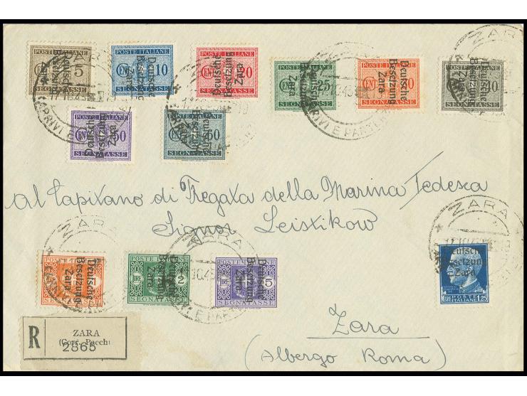 PORTOMARKEN: 1943, 5 C.-5 L. kpl., dabei 2 L. mit links liegendem Wz., zusammen mit Freimarke 1,25 L. mit Stempel "ZARA (ARIV