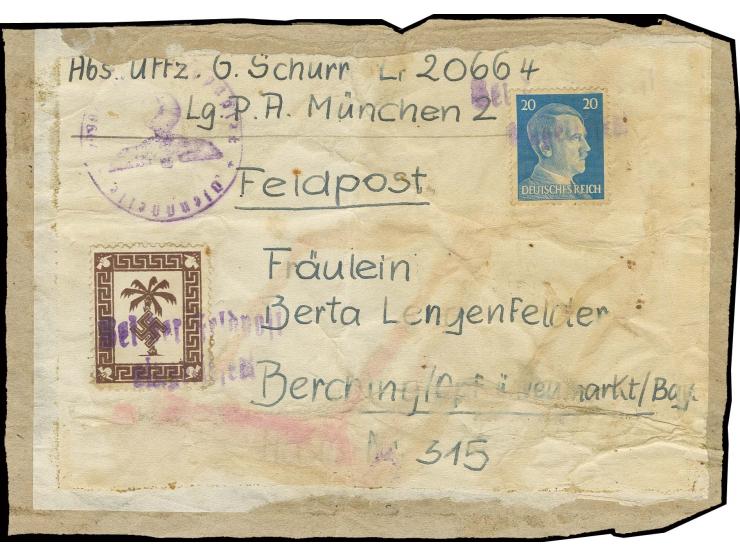 1943, Tunis-Päckchenmarke mit Zufrankatur Hitler 20 Pfg. mit L2 "Bei der Feldpost eingeliefert" in violett auf Päckchen-Aussc