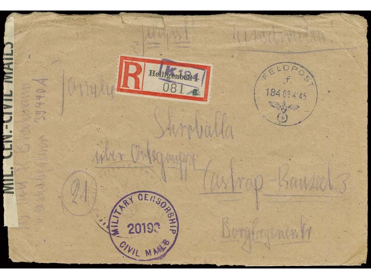 Ostpreußen-Feldpost: 1945, Feldpost-Dienst-R-Brief mit Feldpost-Normstempel "f184 08.4.45" von der Fp.-Nr. 39440A (=StabI...P