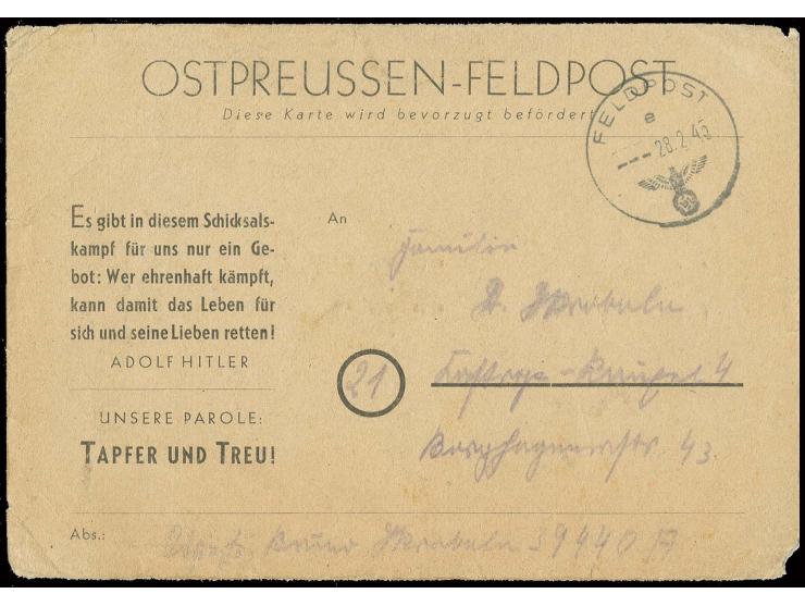 Feldpost-Vordruckkarte mit Parole, mit Feldpost-Normstempel "e28.2.45" von der Fp-Nr. 39440A (=StabI...Pz.Art.Rgt.89) nach Ca