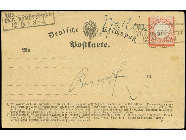 1/2 Gr. ziegelrot mit sehr seltenem Preußen Ra3 "Aus .../PER DAMPFSCHIFF / 12 8 3-4" mit handschriftlichem Einsatz "Wollin" a