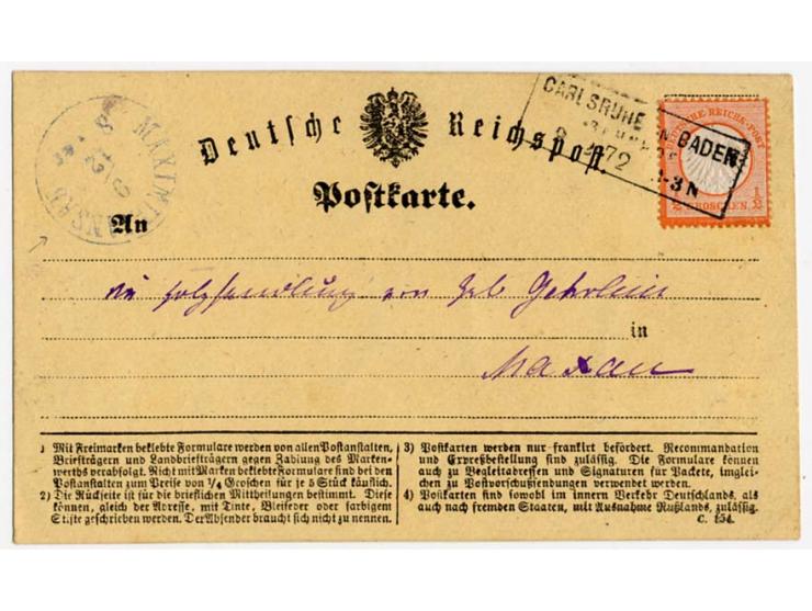 1/2 Gr. ziegelrot mit Ra3 "CARLSRUHE IN BADEN/BAHNHOF 8 12 72" auf Karte nach Maxau, seltene währungsfremde Verwendung, Prach
