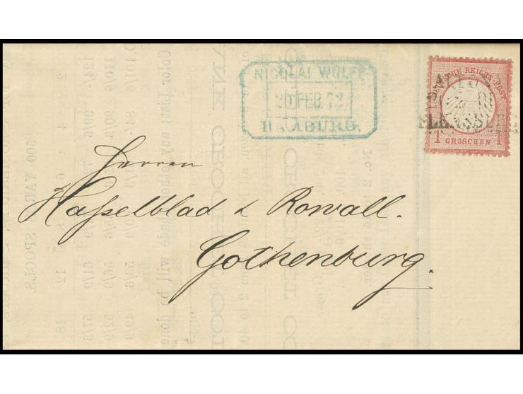 1 Gr. rötlichkarmin mit Bahnpoststreckenstempel L3 "ALTONA/20 2 III/FLENSBURG" auf kpl. Drucksachenfaltbrief nach Schweden, s