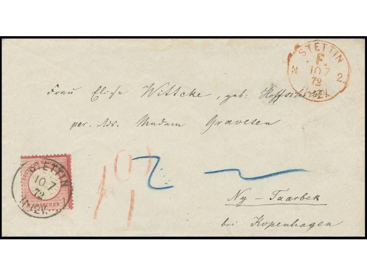 1 Gr. karminrosa mit klarem EKr. "STETTIN 10 7 72" in Kombination mit rotem Franko-Stempel "STETTIN F. L2. / 10 7 72" auf Bri