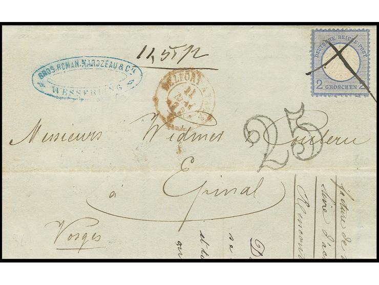 2 Gr. grauultramarin mit Federkreuzentwertung in Doppelfrankatur mit franz. Taxstempel "25" auf Faltbrief von Wesserling nach