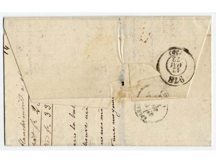 2 Gr. grauultramarin mit Federkreuzentwertung in Doppelfrankatur mit franz. Taxstempel "25" auf Faltbrief von Wesserling nach