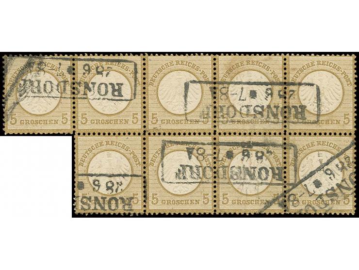 5 Gr. ockerbraun im waagerechten 9er-Block mit Preußen-Ra2 "RONSDORF/28 6", zwei Marken etwas fehlerhaft, die übrigen  in feh
