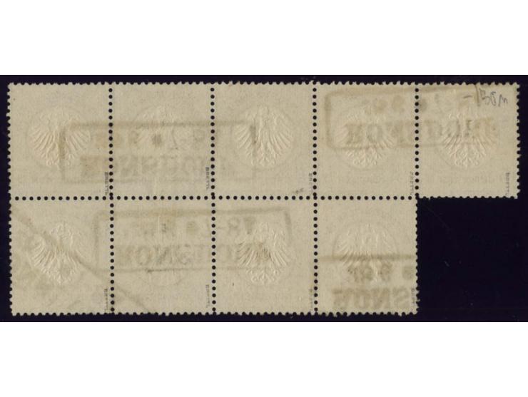 5 Gr. ockerbraun im waagerechten 9er-Block mit Preußen-Ra2 "RONSDORF/28 6", zwei Marken etwas fehlerhaft, die übrigen  in feh