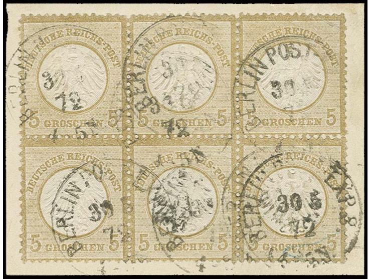 5 Gr. ockerbraun, waagerechter 6er-Block, gestempelt "BERLIN POST -EXP.8 / 30.5.72" auf Briefstück, der Block ist rechts etwa