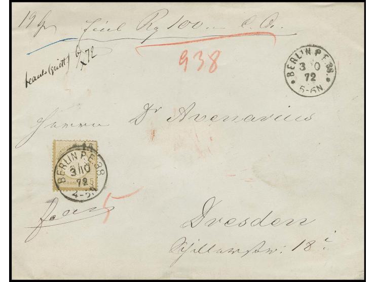 5 Gr. ockerbraun, oben etwas stumpfe Zähnung, als Einzelfrankatur mit EKr. "BERLIN P.E. 38/3/10 72" auf Wertbrief mit 5 voll 