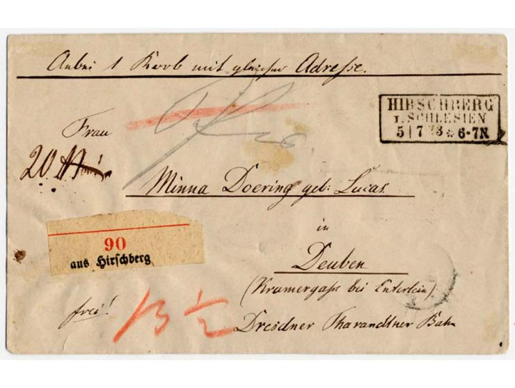 5 Gr. ockerbraun, 2 in rauher Zähnung, sowie Großer Schild 1 Gr. rötlichkarmin und 2 1/2 Gr. rötlichbraun mit Preußen-Ra3 "HI