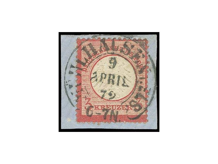 3 Kr. karmin mit vollständig abgeschlagenem Hufeisenstempel "MÜHLHAUSEN i. ELS. 9 APRIL 72" (Spalink 26-2) auf Briefstück, se