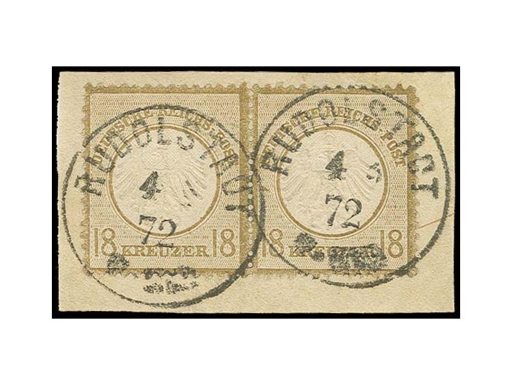 18 Kr. ockerbraun im waagerechten Paar, farbfrisch, sehr gut geprägt und gezähnt  mit jeweils klarem EKr. "RUDOLSTADT 4 3 72"