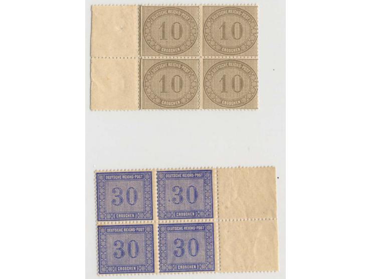 10 Gr. graubraun und 30 Gr. ultramarin jeweils im postfrischen 4er-Block, 30 Pfg. ein Wert herstellungsbedingte gummischwache