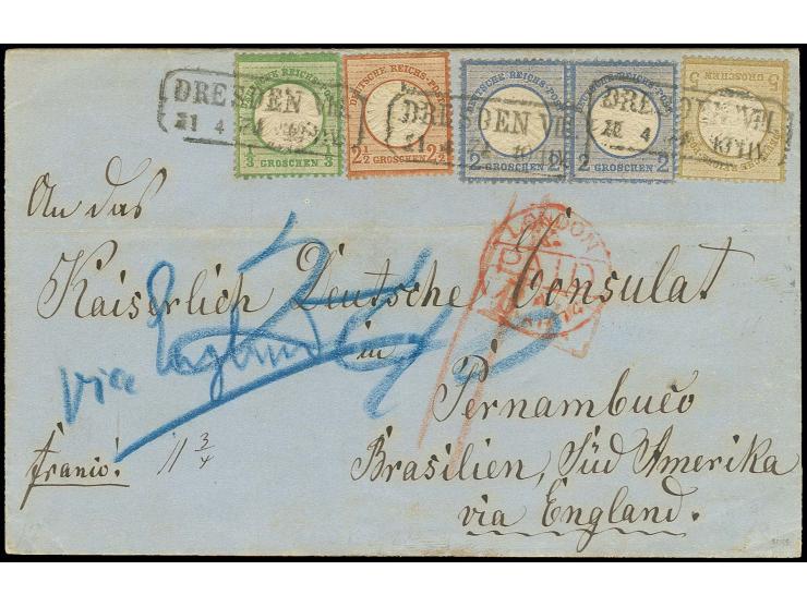 1/3 Gr. grün, 2 Gr. blau im waagerechten Paar, 2 1/2 Gr. rotbraun und 5 Gr. ockerbraun, alle farbfrisch und gut gezähnt, mit 