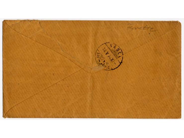 1/2 Gr. orange im senkrechten Paar mit Lothringen EKr. "PFIRT 13 5 74" auf Grenzrayonbrief nach Basel, bis auf einen kürzeren