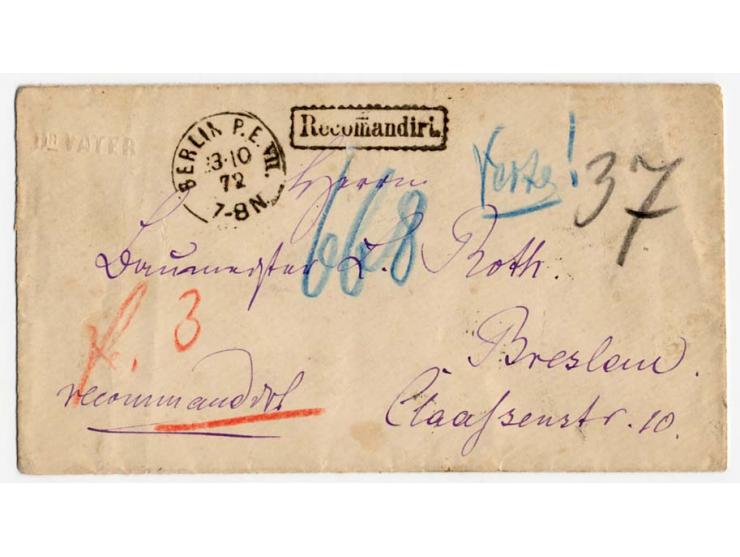 1/2 Gr. orange, waagerechter 6er-Block sauber gestempelt "BERLIN P.E. VII 23 10 72" rückseitig auf R-Brief nach Breslau, 2 Ma