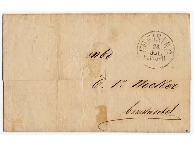 1 Gr. rötlichkarmin mit aptiertem Hamburg-DKr. "HAMBURG 22 7 74" auf Faltbrief nach Freising, der nicht häufige Stempel ist s