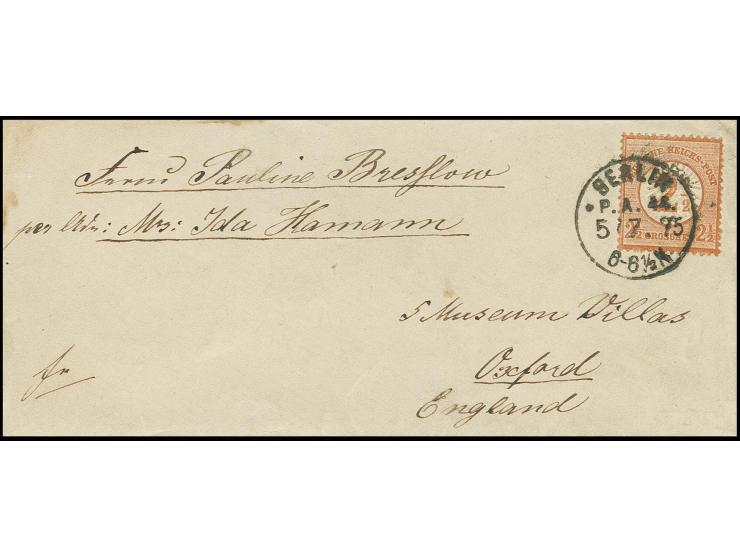 1874, 2 1/2 auf 2 1/2 Gr. mit EKr. "BERLIN P.A.44. 5/7.75" auf kleinem Briefkuvert nach Oxford; obwohl seit dem 1.7. der neue