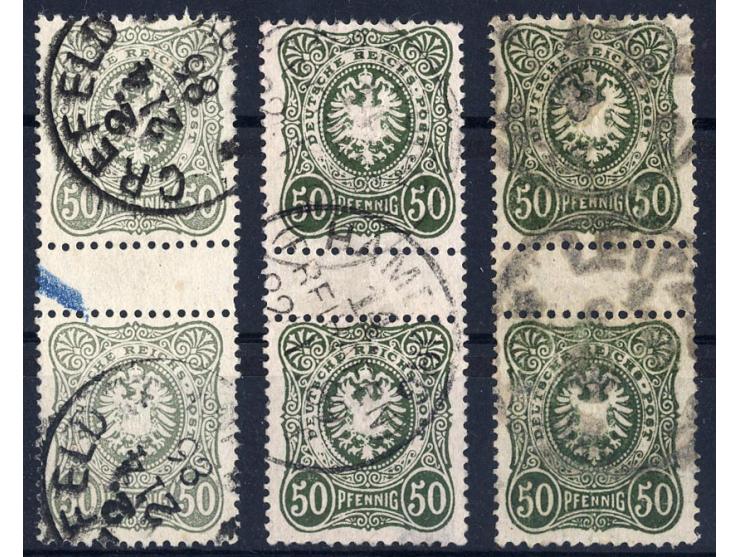 50 Pfg. graugrün, oliv und dunkelgrünoliv, je im senkrechten Zwischenstegpaar, sauber gestempelt, teils kleine Einschränkunge