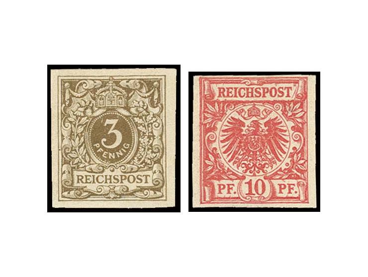 3 Pfg. graubraun ungezähnt, allseits breitrandig, Pracht, sign. Wiegand BPP, und 10 Pfg. bräunlichrosa, vollrandig, oben knap