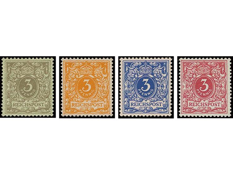 3 Pfg. braun, orange, ultramarin und karmin, ungebraucht, Pracht (Mi. 1.400,-)