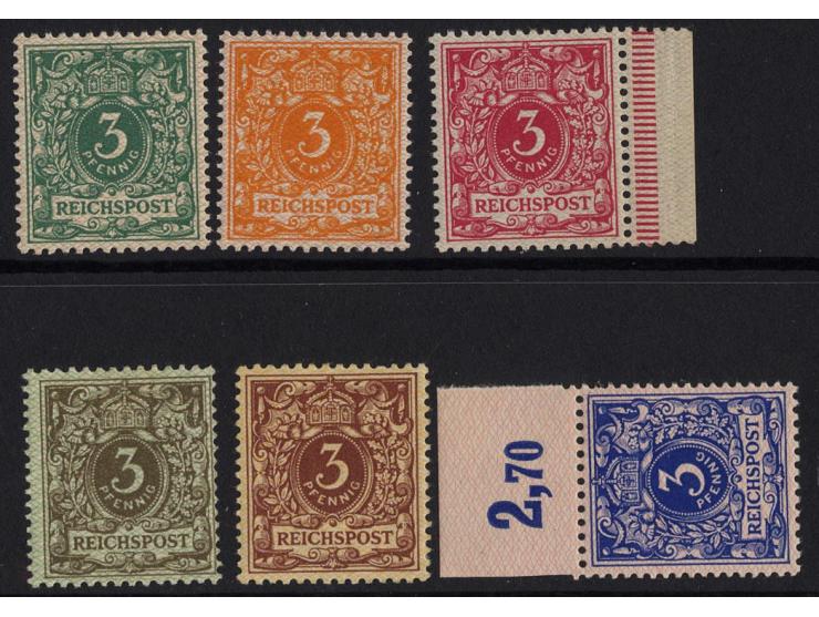 3 Pfg., 6 Werte kpl., je 3 Stück ungebraucht bzw. postfrisch, dabei ein Seiten- und ein Oberrandstück, 2 ungebrauchte Werte s