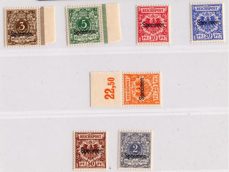 3-50 Pfg. und 2 Pfg., mit Aufdruck "Specimen" 3 und 5 Pfg. vom Seiten-, 25 Pfg. vom Oberrand, ungebraucht, 25 Pfg. postfrisch