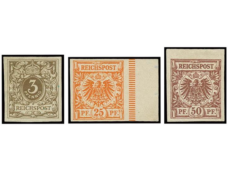 Neudrucke 3 Pfg. graubraun, 25 Pfg. orange und 50 Pfg. lilabraun, ungezähnt, 25 und 50 Pfg. vom Bogenrand, ungebraucht, Prach