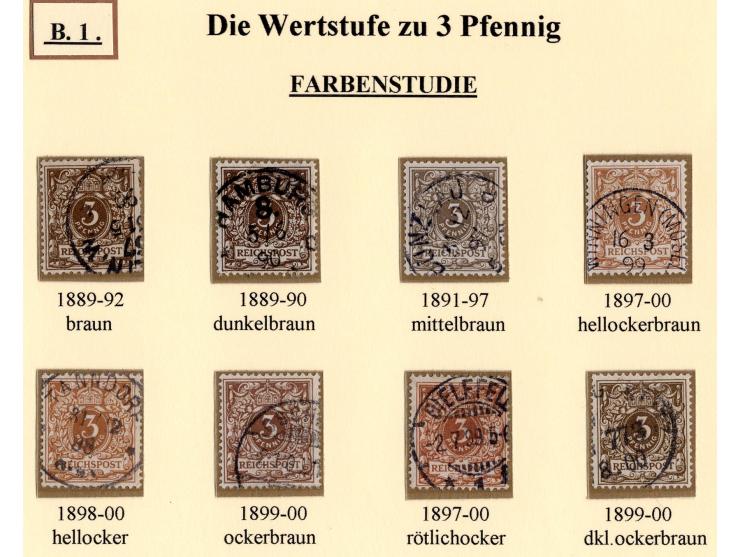 3 Pfg. gelbbraun bis 50 Pfg. lebhaftrotbraun, alle Farben kpl. sauber gestempelt, dabei 50 Pfg. bräunlichkarmin (UV weinrot) 