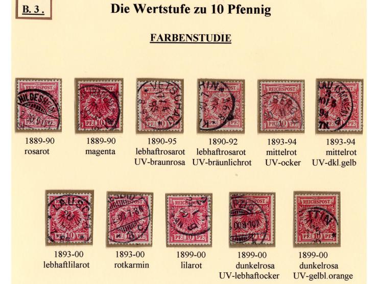 3 Pfg. gelbbraun bis 50 Pfg. lebhaftrotbraun, alle Farben kpl. sauber gestempelt, dabei 50 Pfg. bräunlichkarmin (UV weinrot) 