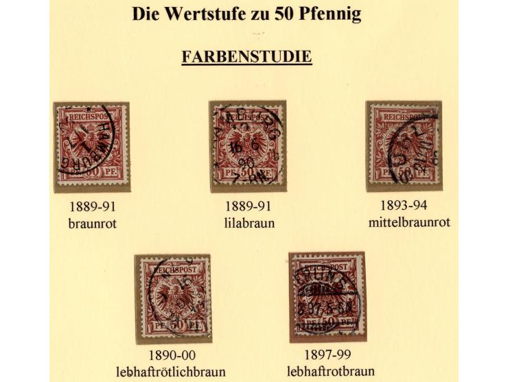 3 Pfg. gelbbraun bis 50 Pfg. lebhaftrotbraun, alle Farben kpl. sauber gestempelt, dabei 50 Pfg. bräunlichkarmin (UV weinrot) 