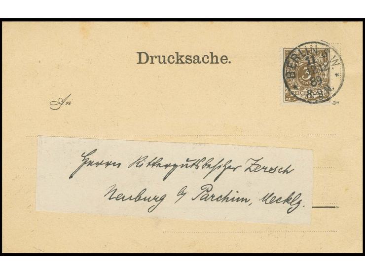 3 Pfg. dunkelbraun als Einzelfrankatur, sauber gestempelt "BERLIN S.W. 11 12.12.89" auf Drucksachenkarte (leichte Randbräune)