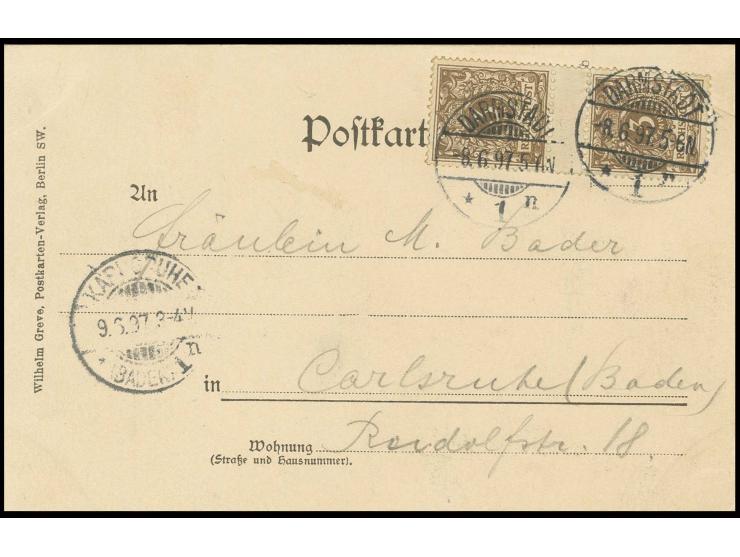3 Pfg. graubraun im senkrechten Zwischenstegpaar, sauber gestempelt "DARMSTADT 8.6.97" auf  Ansichtskarte nach Karlsruhe, sig