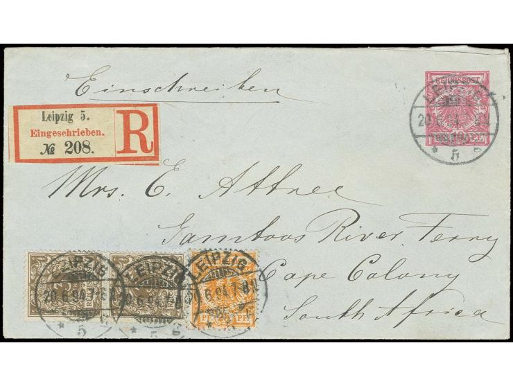 3 Pfg. graubraun im senkrechten Paar und 25 Pfg. orange als Zufrankatur auf 1889, 10 Pfg. Ganzsachenumschlag als R-Brief von 