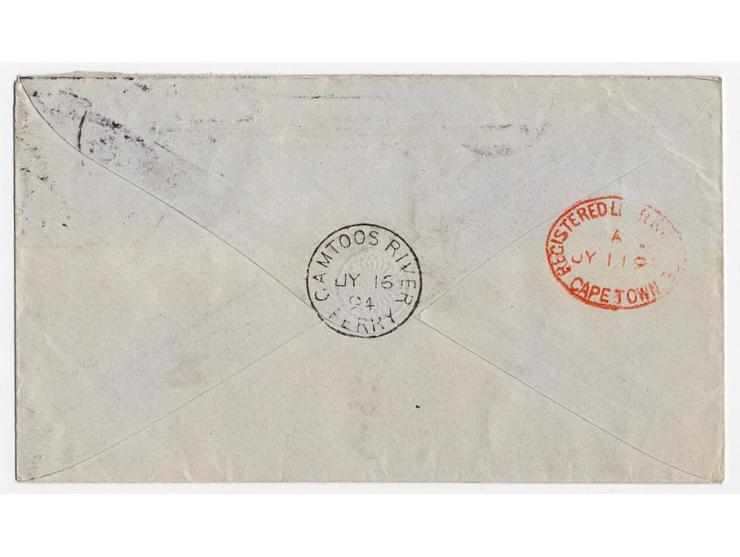 3 Pfg. graubraun im senkrechten Paar und 25 Pfg. orange als Zufrankatur auf 1889, 10 Pfg. Ganzsachenumschlag als R-Brief von 