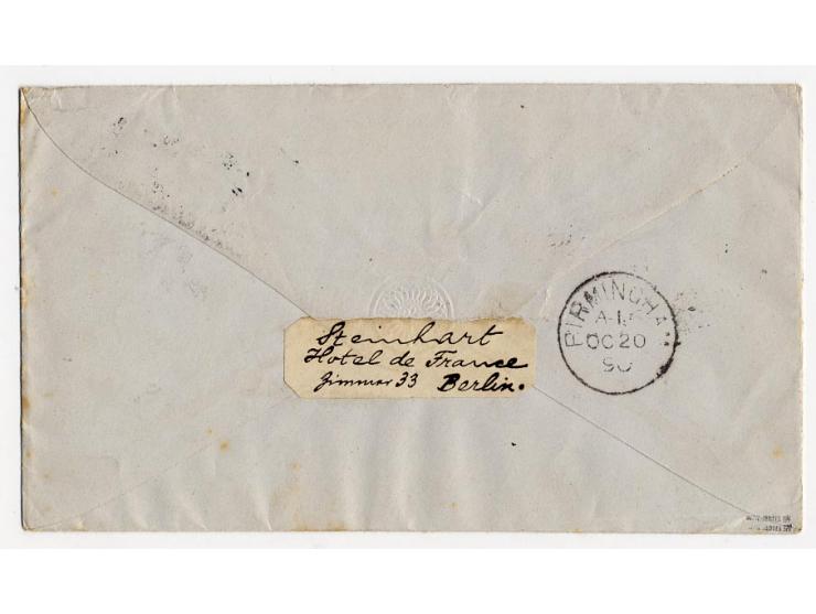 5 Pfg. grün und 1880, 25 Pfg. gelbbraun mit Plattenfehler IV als Zufrankatur auf 1889,   Ganzsachenumschlag 10 Pfg. als Brief
