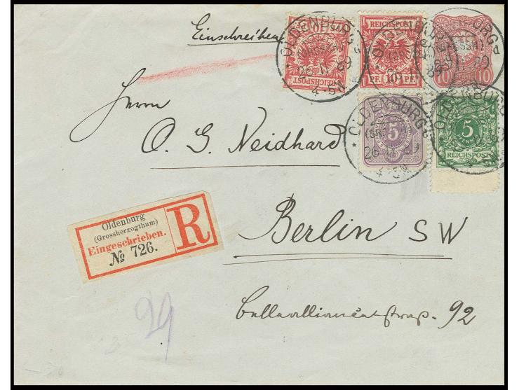 5 Pfg. grün mit Zwischenstegansatz und 10 Pfg. karminrosa (2) in Mischfrankatur mit  1880, 5 Pfg. violett als Zusatzfrankatur
