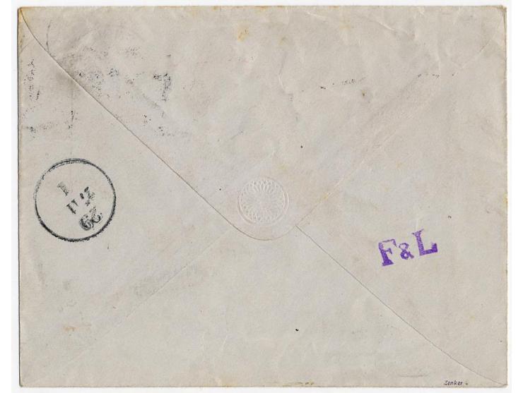 5 Pfg. grün mit Zwischenstegansatz und 10 Pfg. karminrosa (2) in Mischfrankatur mit  1880, 5 Pfg. violett als Zusatzfrankatur